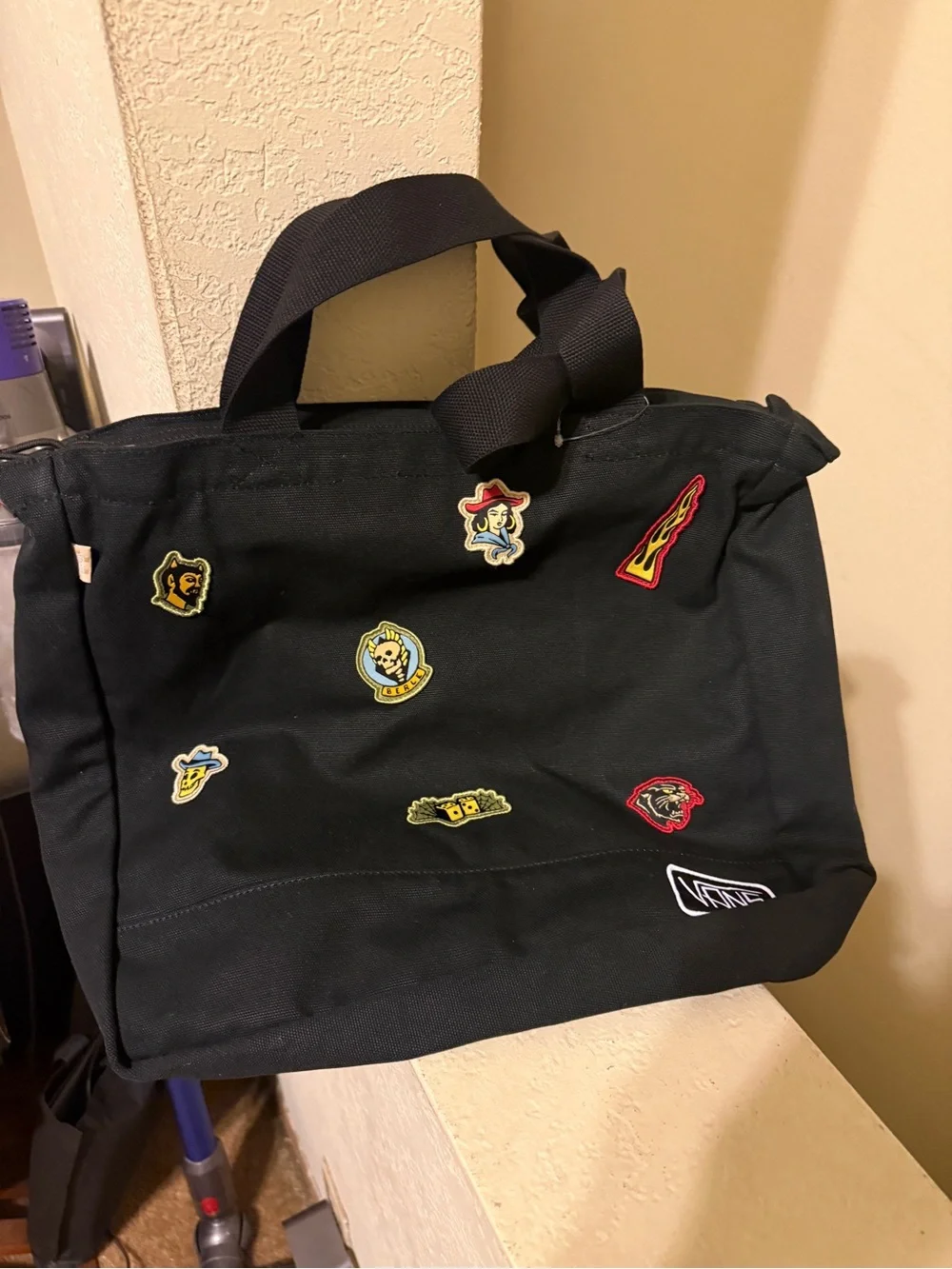Vans Black Canvas Messenger Tote with Patch Badges Elija Berle